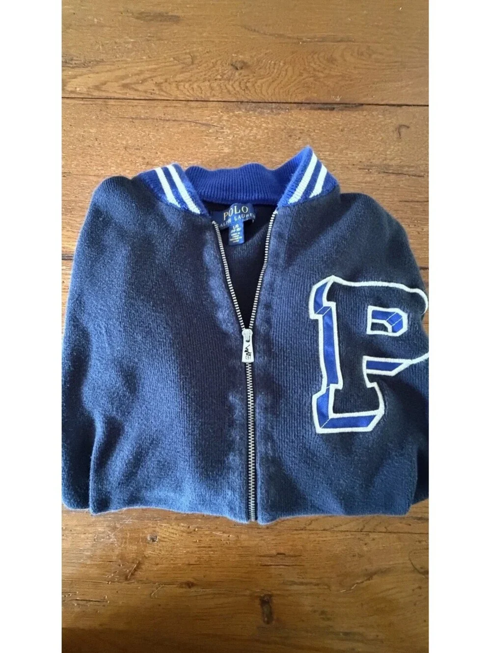 Polo Ralph Lauren Letterman Varsity Sweater Zip Stripe Cuffs Navy Blue  Sz 14/16
